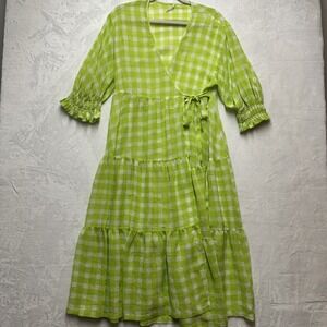 Urban Outfitters Gingham Print Checker Wrap‎ Dress Women's Sz Medium Green Retro